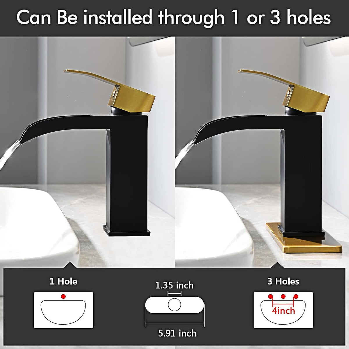 Black and gold waterfall bathroom faucet shown for 1-hole or 3-hole installation