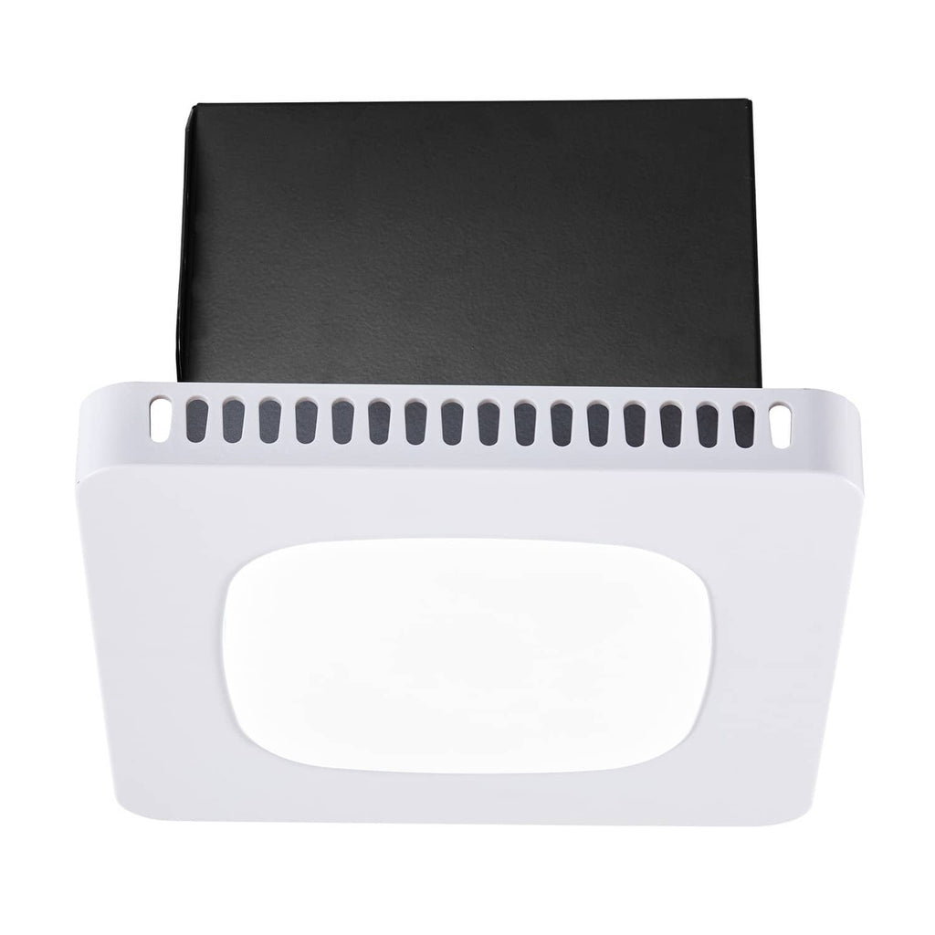 White ceiling vent fan with LED light panel and vent slots, close-up front