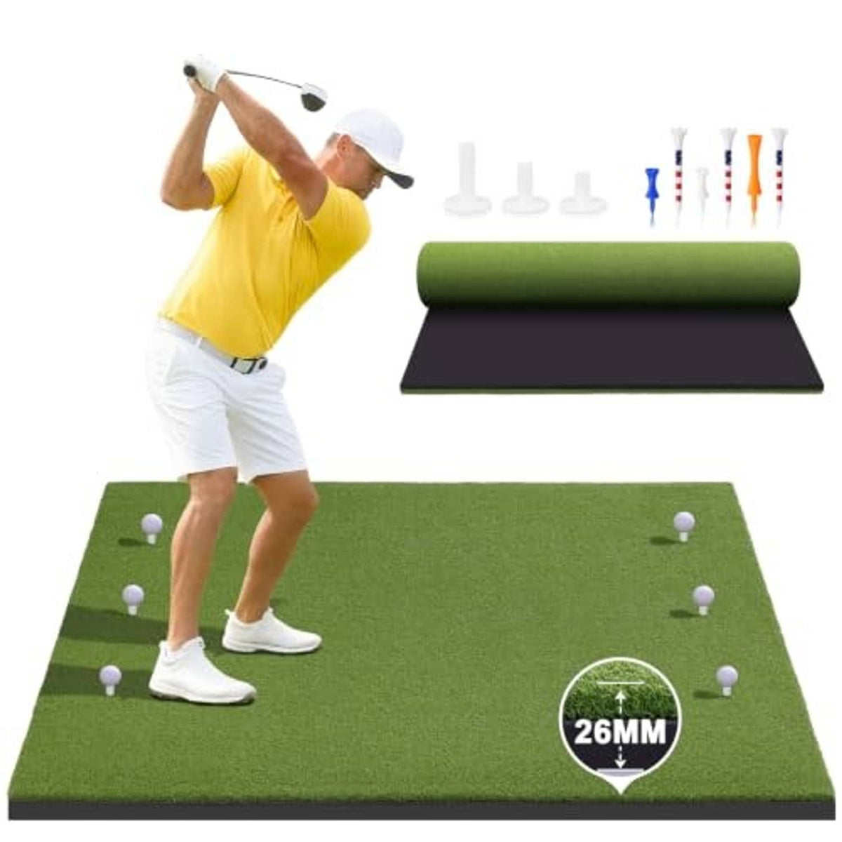 Green golf hitting mat with ball tees and 26mm turf depth indicator, full practice view.