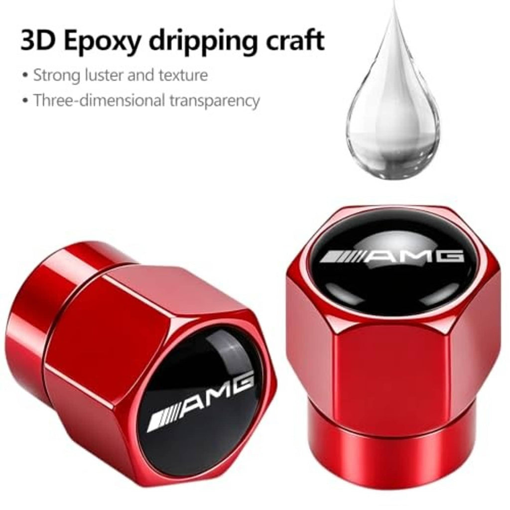Red metal tire valve stem caps with AMG logo oval insert, 3D epoxy look