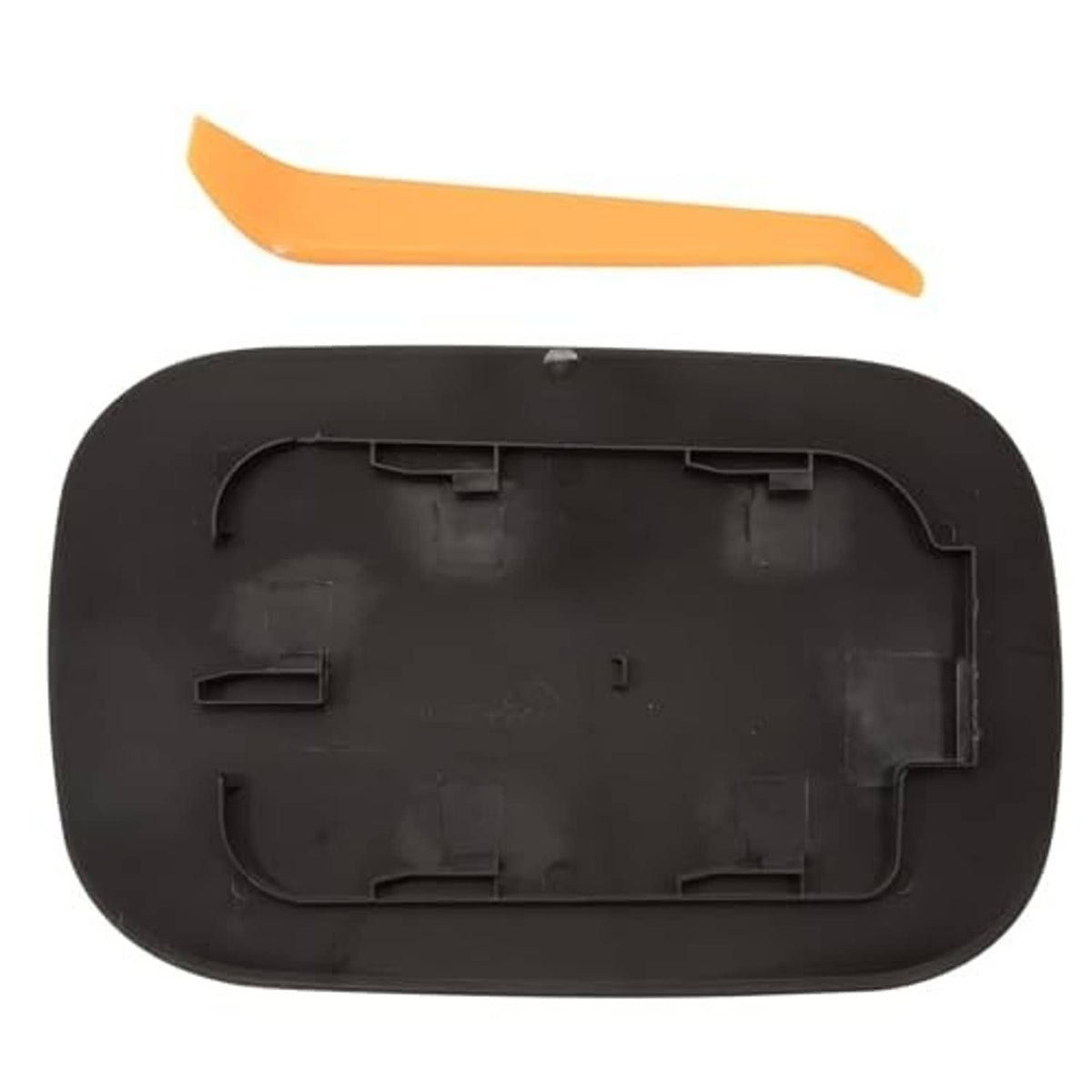 Black fuel tank filler door underside with molded clips and mounting recesses