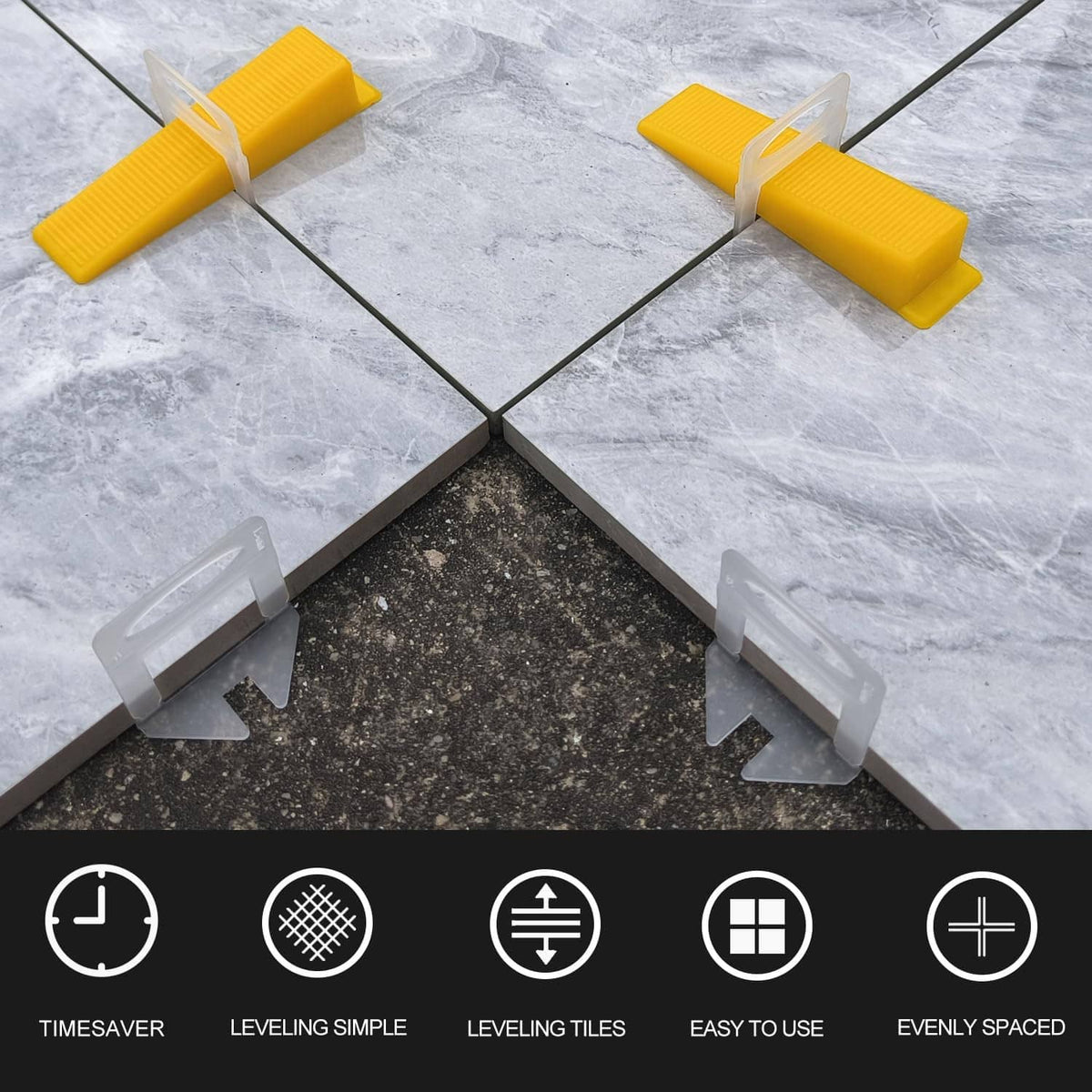 Tile leveling system clips with yellow spacers and clear wedge clamps