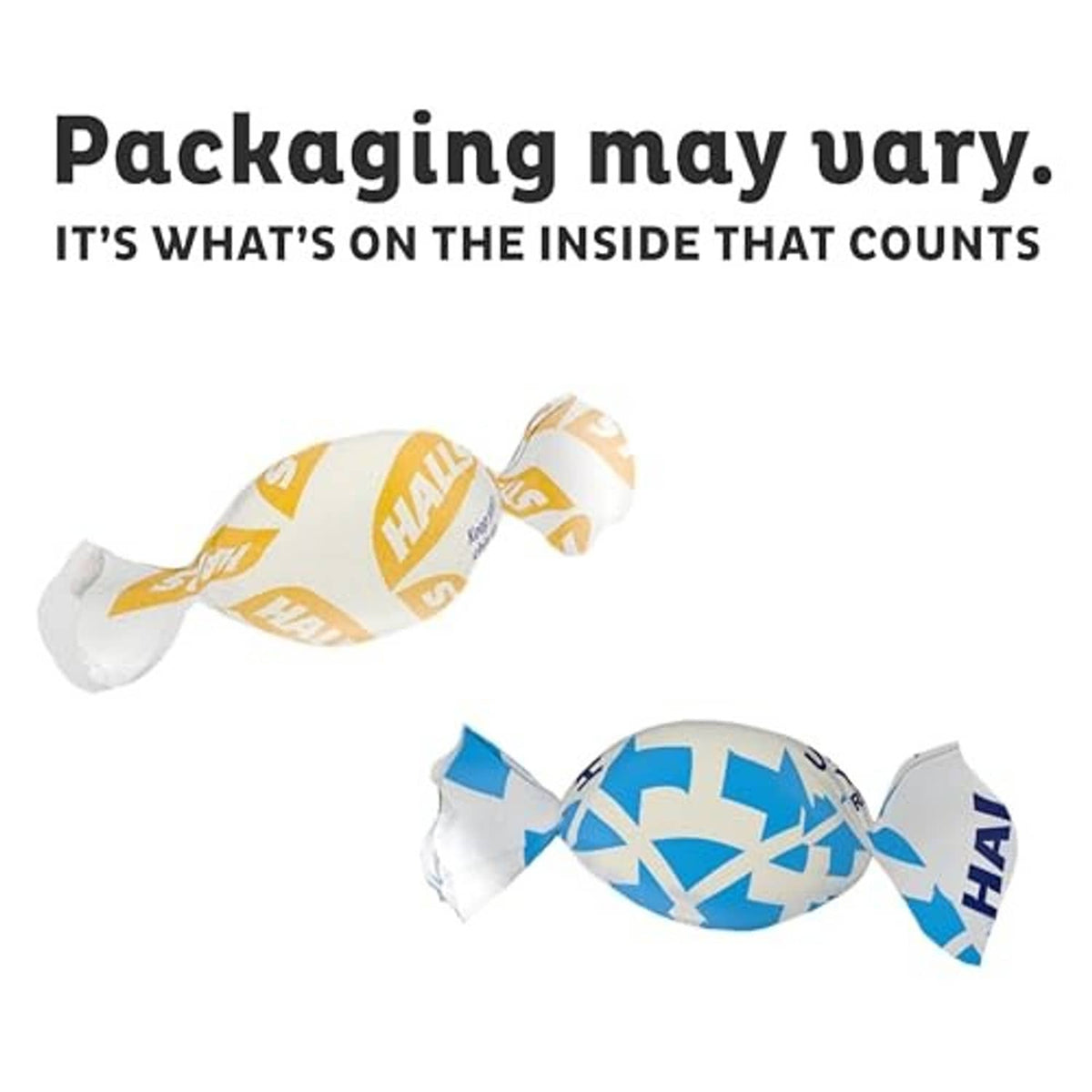 Assorted wrapped cough drops with “Packaging may vary” message on background