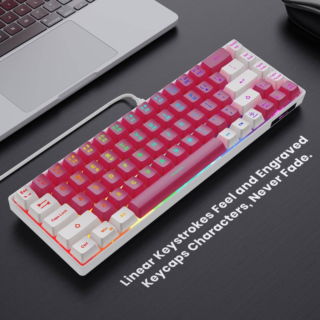 Pink-white RGB LED backlit mini wired keyboard with colorful keys and white keycaps