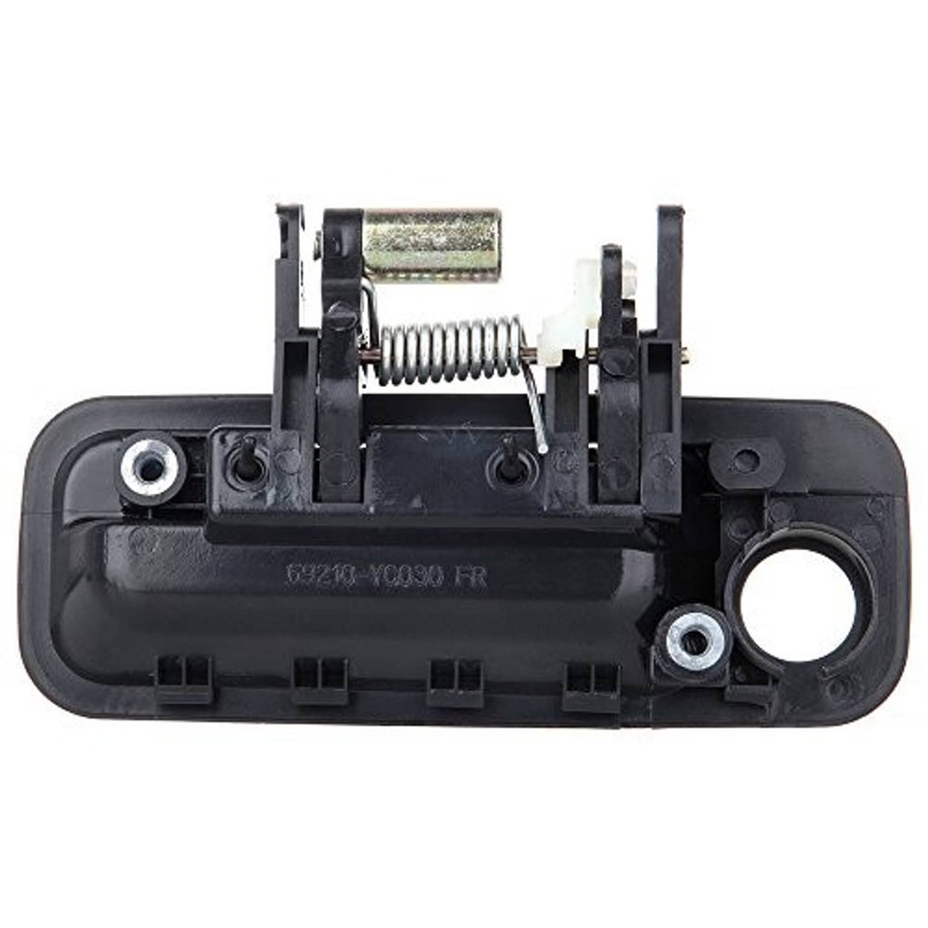 Recessed door handle mechanism in black housing with exposed spring and pins