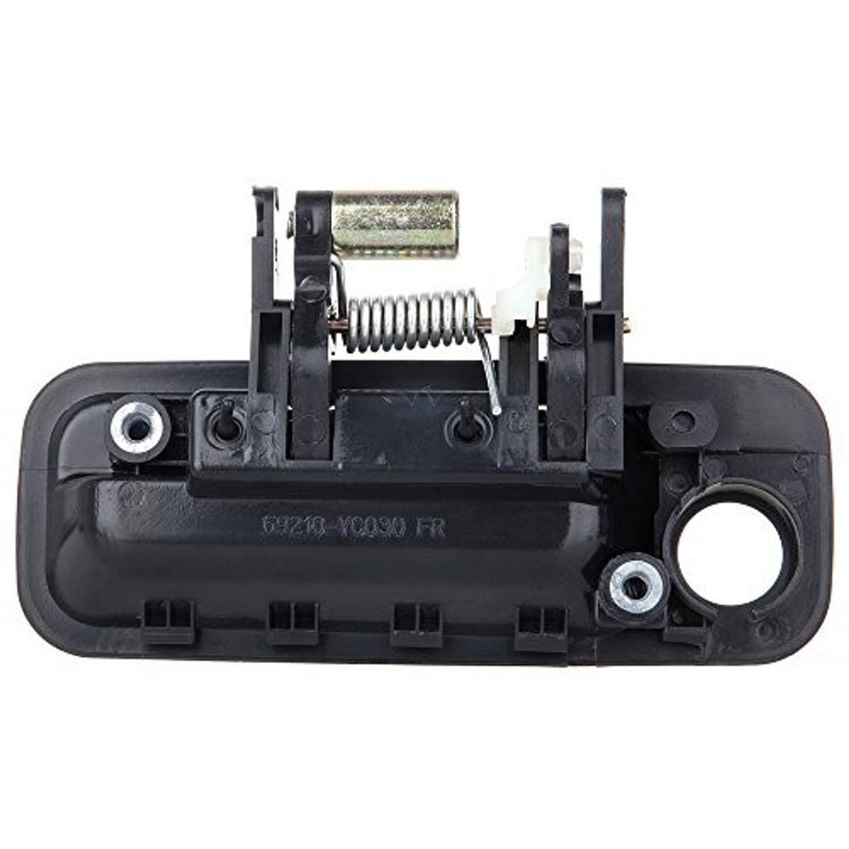 Recessed door handle mechanism in black housing with exposed spring and pins
