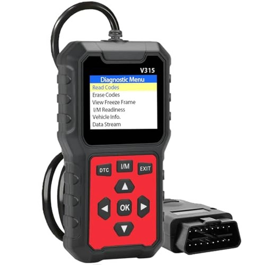 OBD2 diagnostic scanner with Diagnostic Menu screen, red button panel, and OBD cable plug