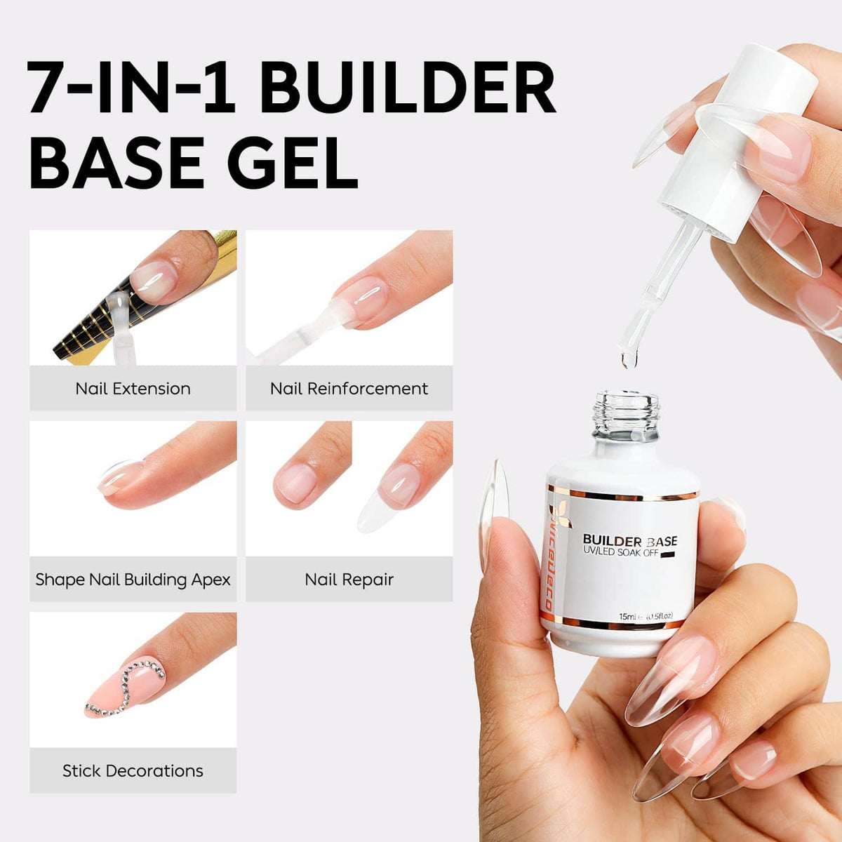 Nail builder base gel bottle with brush applicator, for extensions and reinforcement