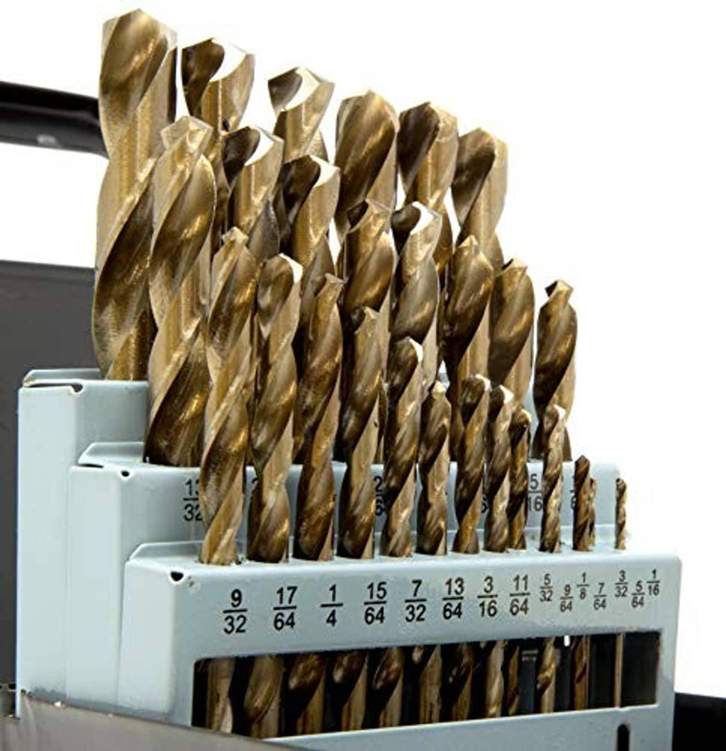Gold oxide HSS drill bits in a row inside storage tray, visible size markings