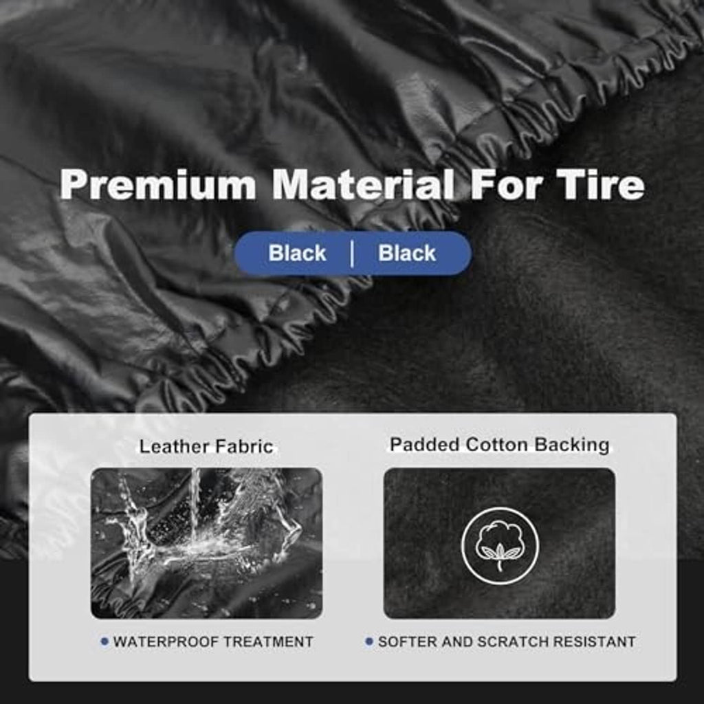 Black spare tire cover with waterproof leather exterior and padded cotton backing