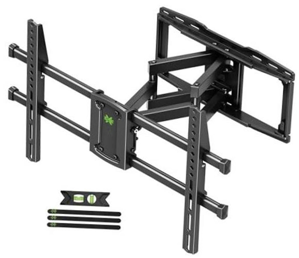 Full motion TV wall mount with long rails and swivel arm, black steel bracket
