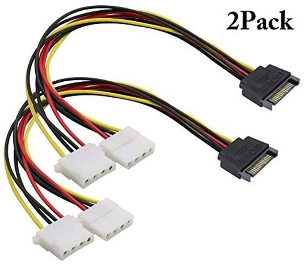 2-pack SATA 15-pin to dual 4-pin Molex power cables with black and white connectors