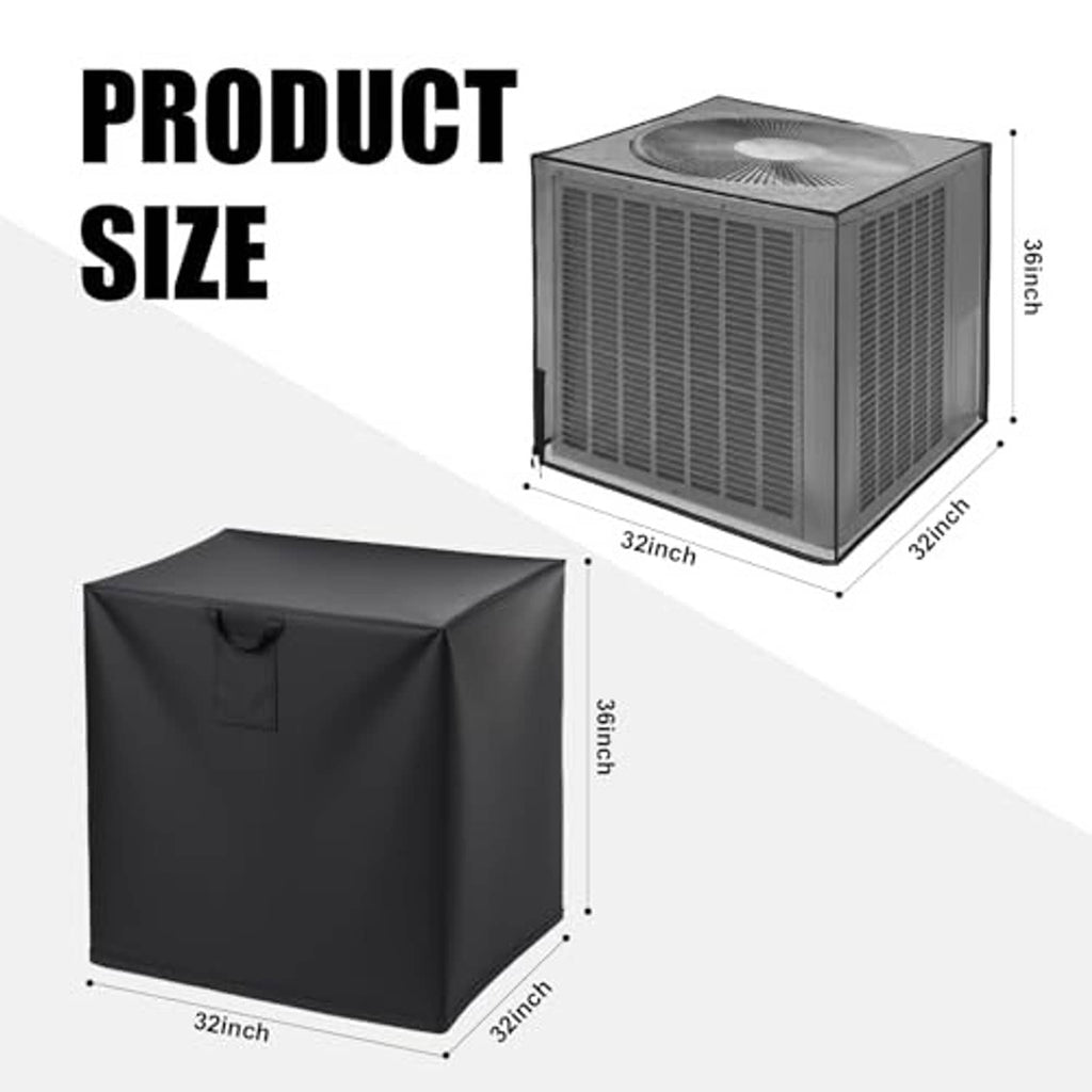 Black air conditioner cover with size dimensions shown from front and top views.