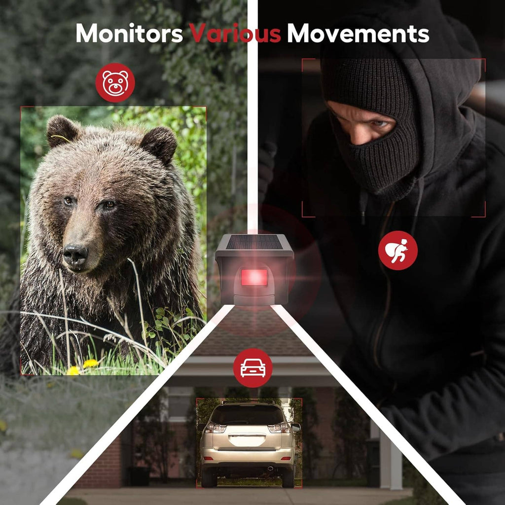 Driveway alarm monitor concept with person, animal, and vehicle movement icons