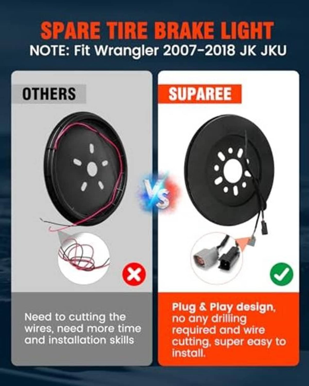 Spare tire brake light kit: round black LED module with wiring and plug