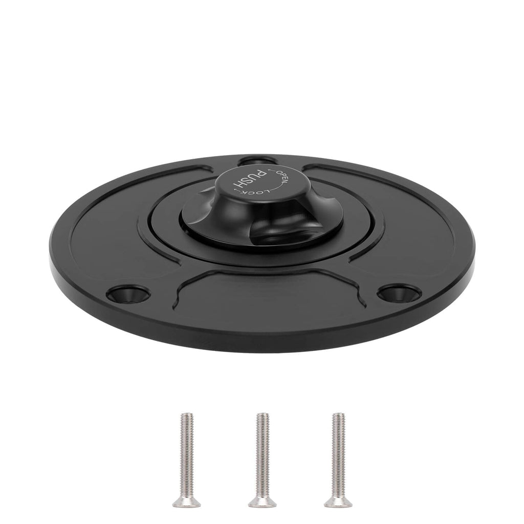 Black fuel tank cap with push-lock center and three chrome mounting screws