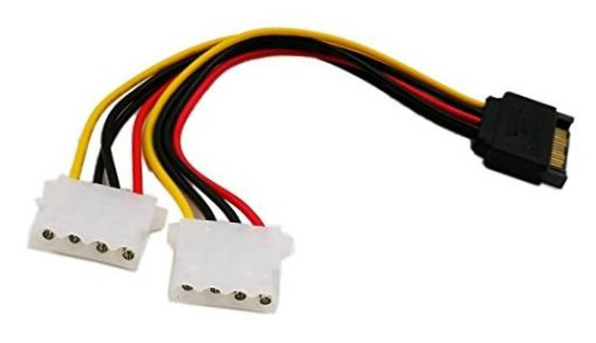 SATA 15-pin male to dual LP4 female Y power cable with two white multi-pin connectors
