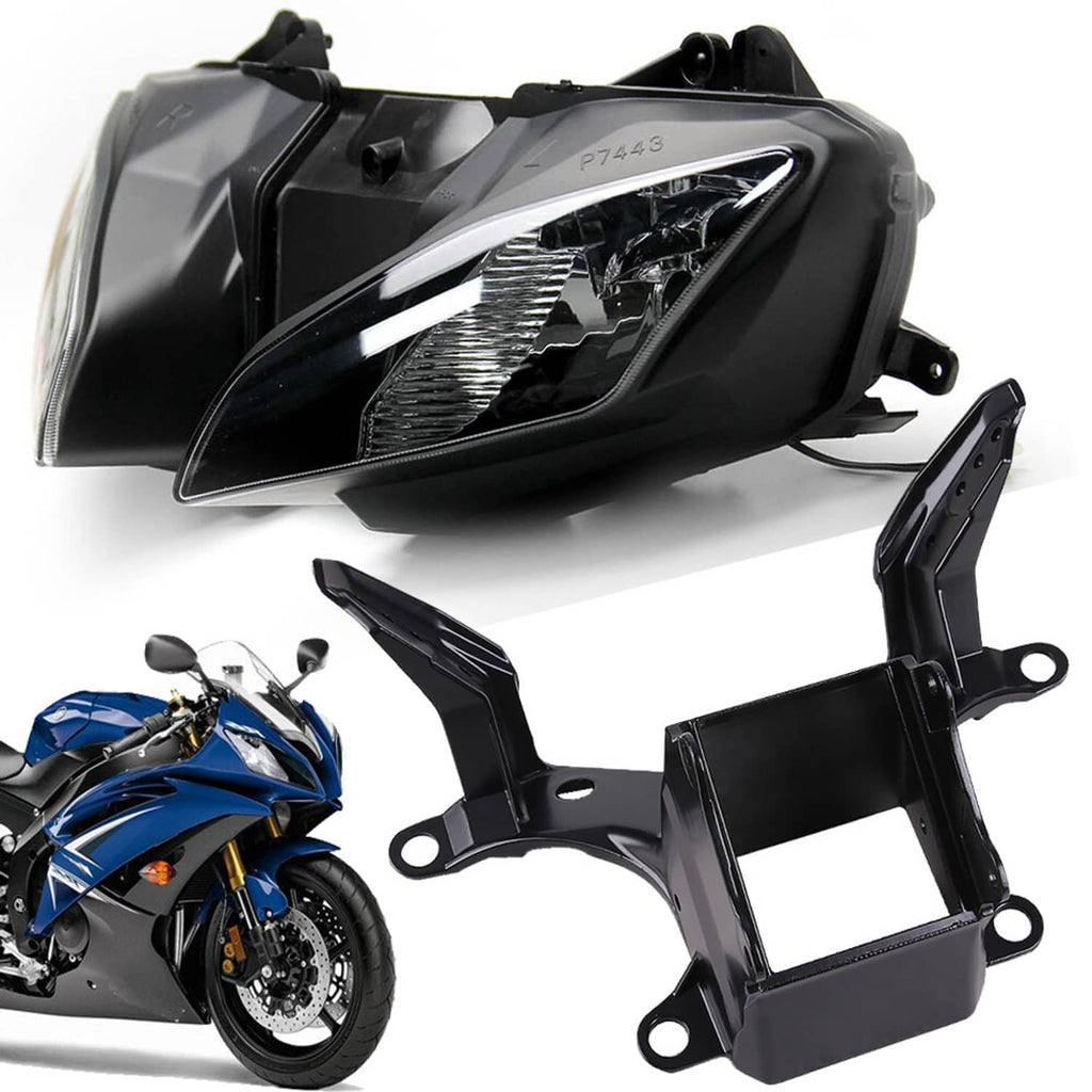 Front headlight assembly with clear lens and black upper fairing bracket
