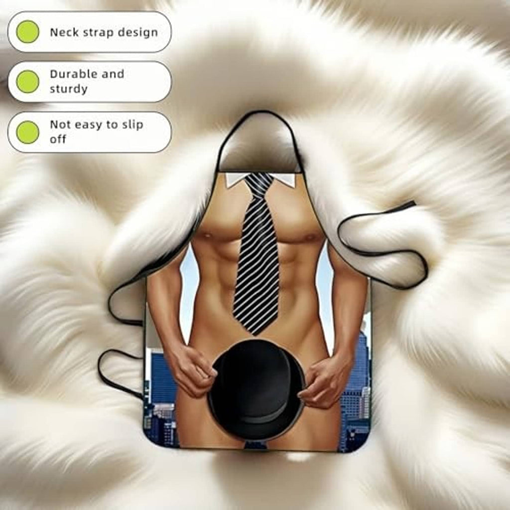 Muscle man novelty apron with striped tie, black hat graphic, and neck strap loop