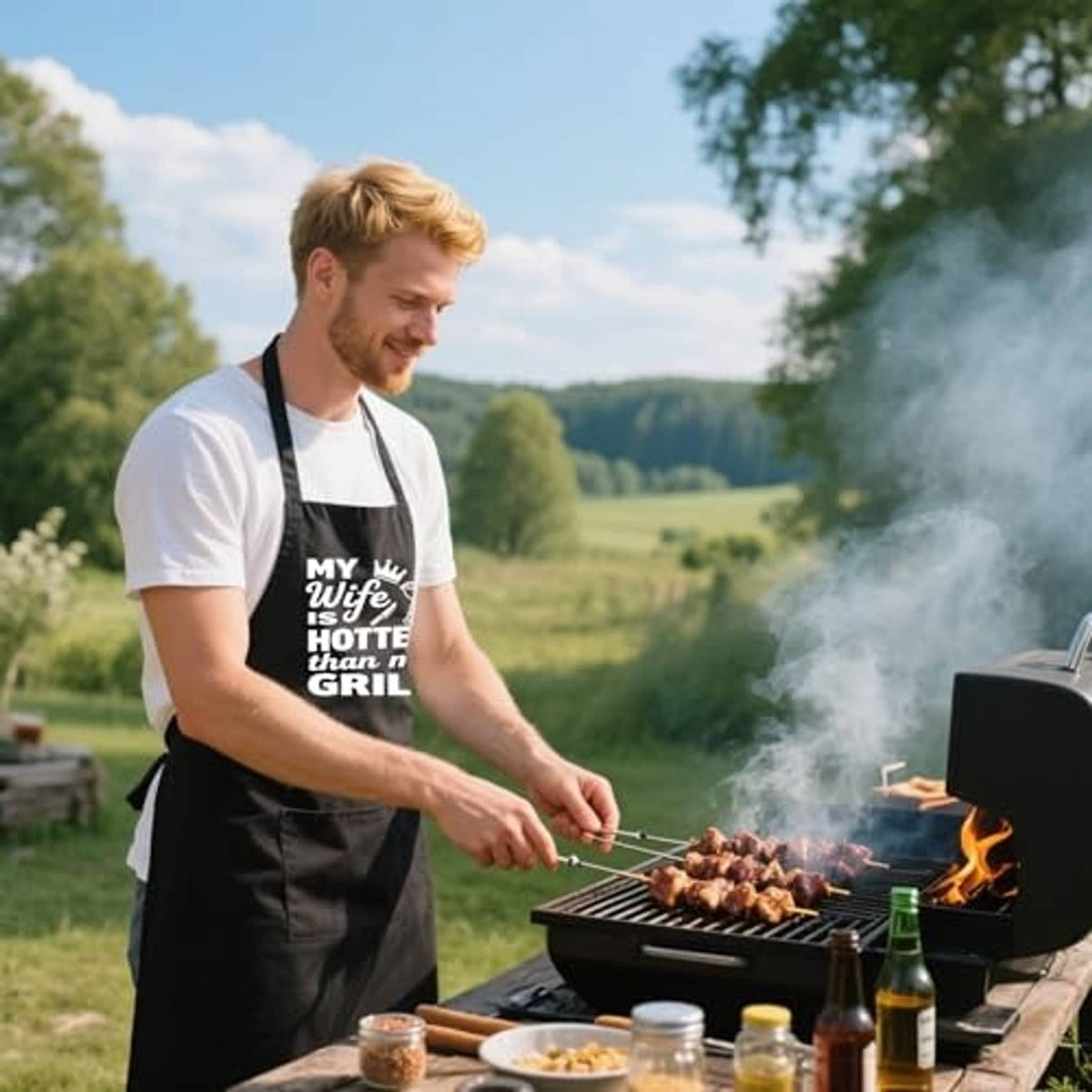 Outdoor grilling apron, black with 'MY Wife is HOTTER than my GRILL' humorous design