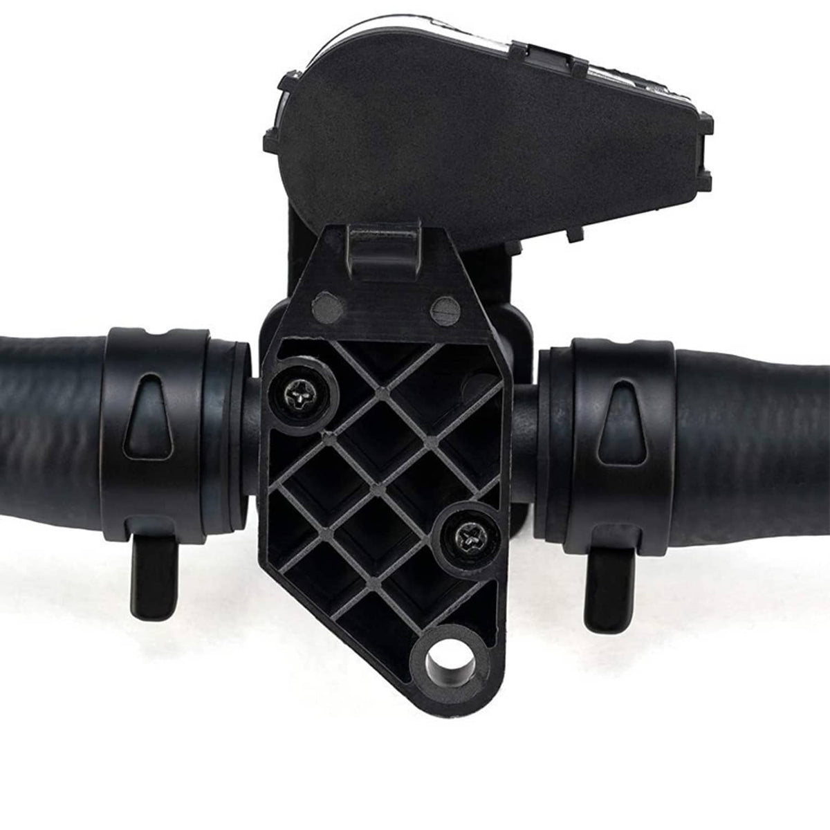 HVAC heater control valve with black housings, clamps, and mounting bracket