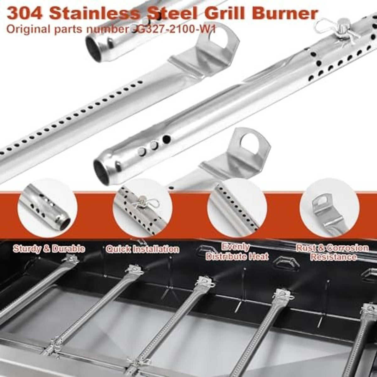 Stainless steel grill burner with perforated tube and igniter mounting end