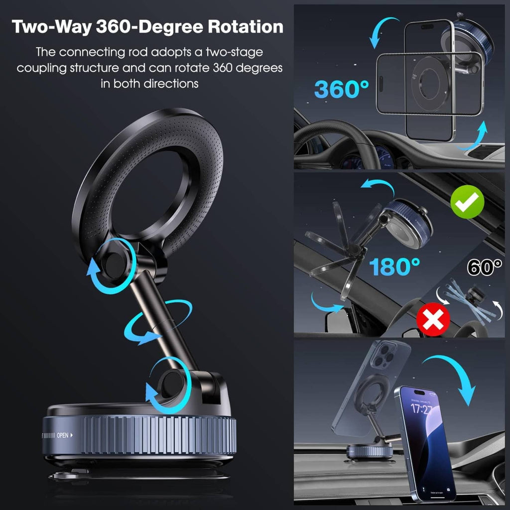 Vacuum magnetic car phone holder with 360-degree rotating arm and magnetic grip
