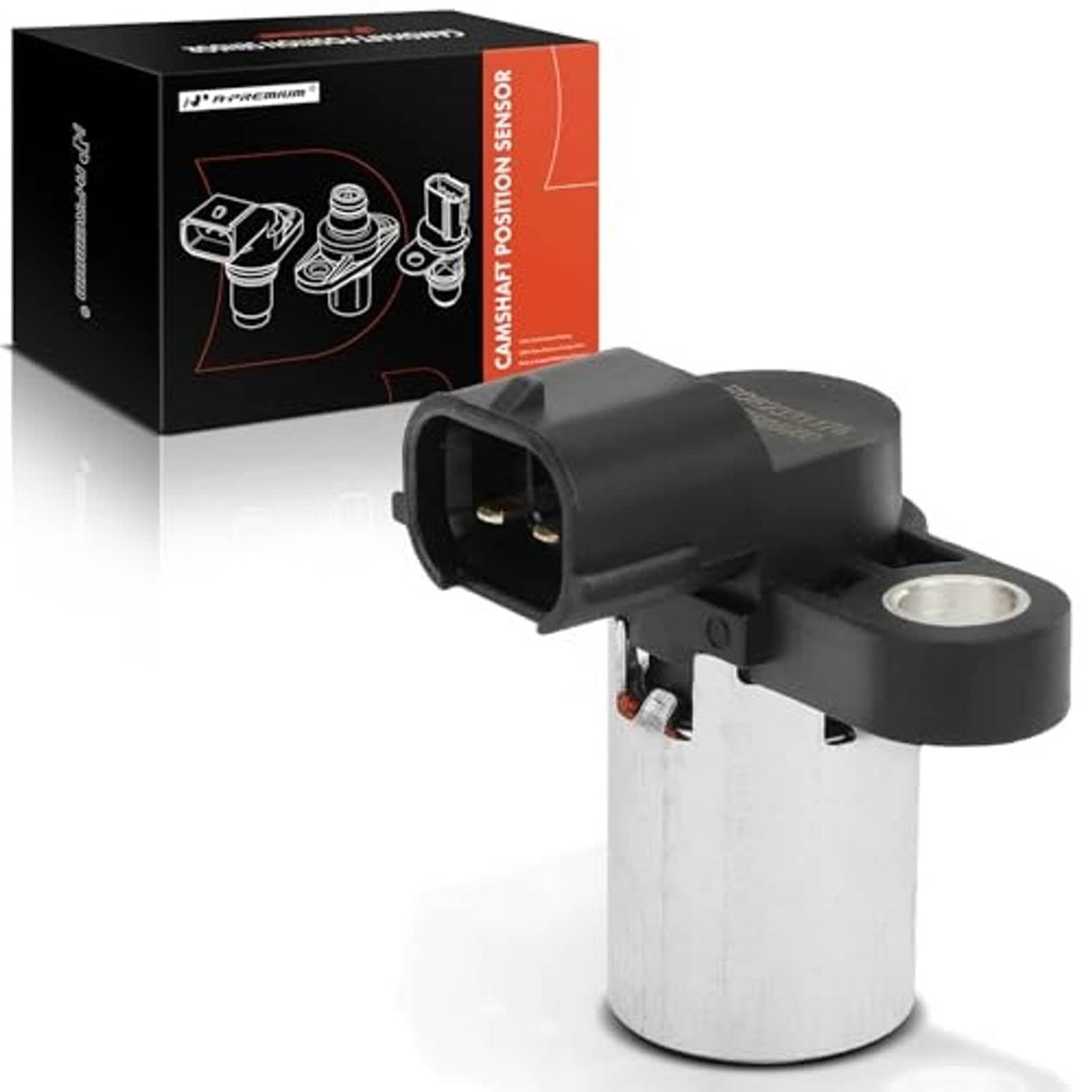Black engine camshaft position sensor with electrical connector and metal mounting base