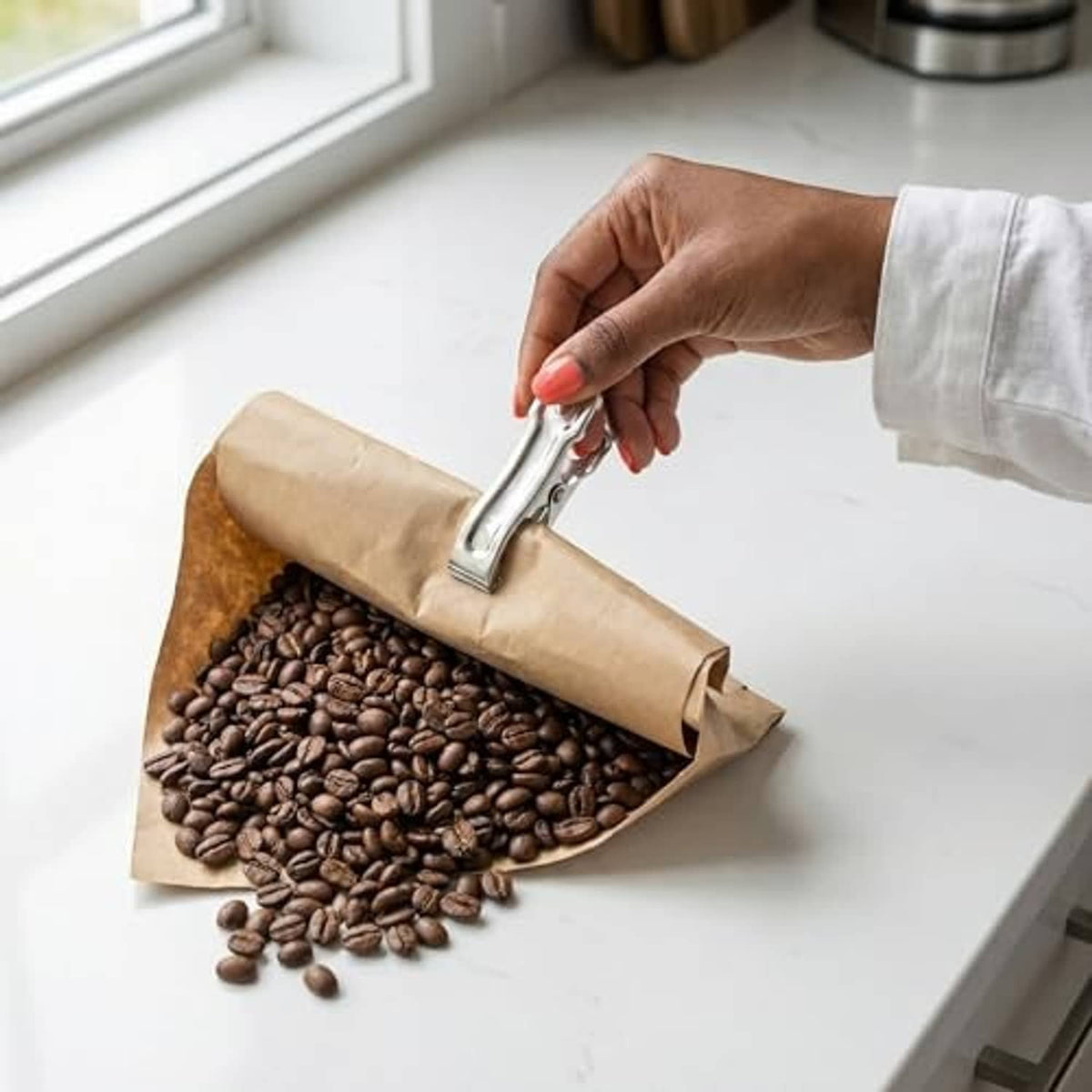 Stainless steel clamp holding a rolled paper bag on a countertop