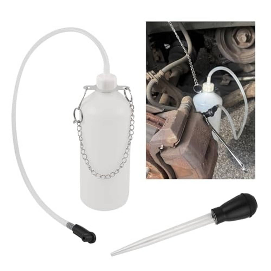 Brake bleeder bottle and hose kit with chain handle and black-tipped extractor nozzle