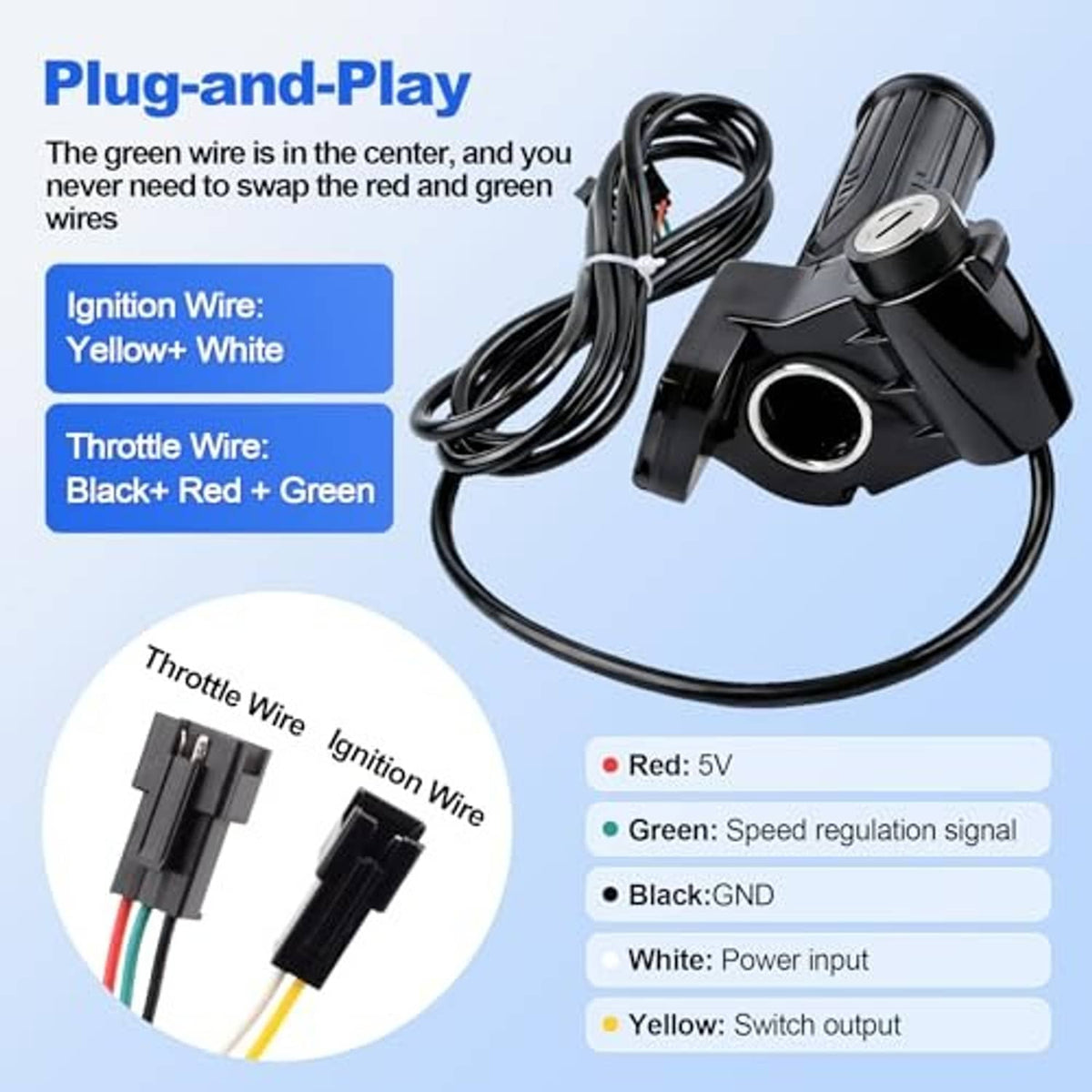 Electric bike throttle wiring connector with cable harness for key and throttle signals