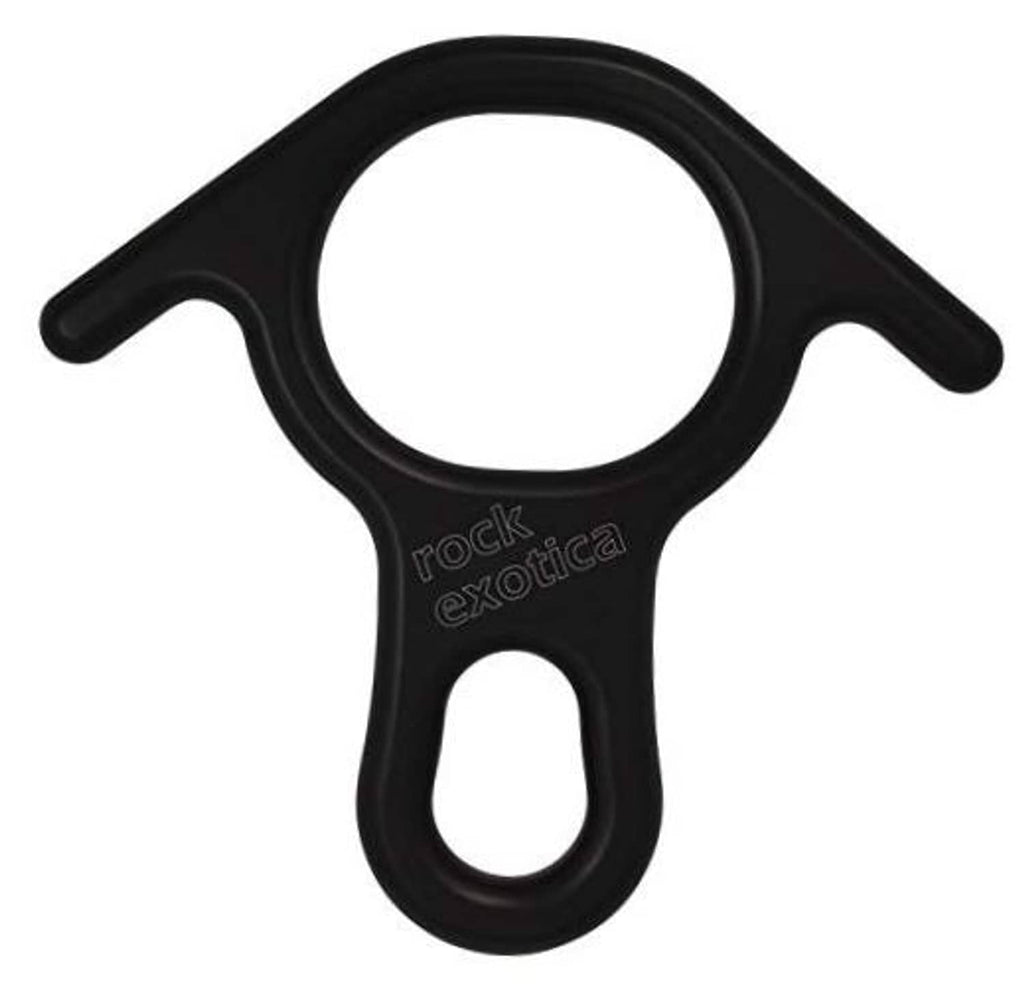 Black figure-8 descender with side ears and oval lower attachment slot