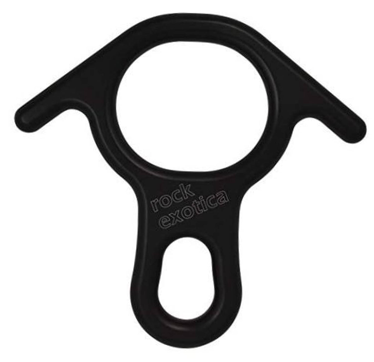 Black figure-8 descender with side ears and oval lower attachment slot