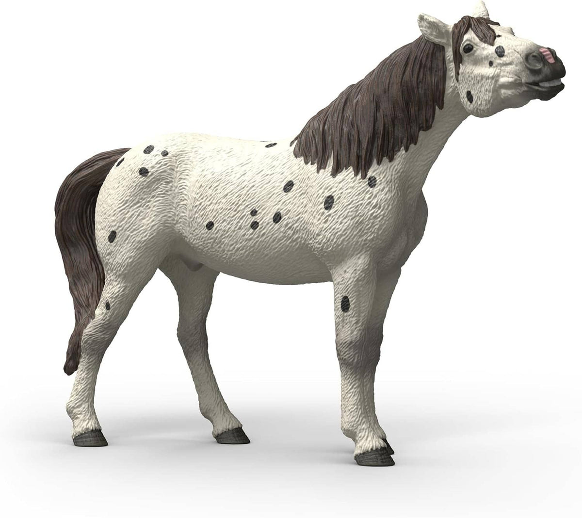 Realistic horse figure, white coat with dark spots and patches, black mane and tail