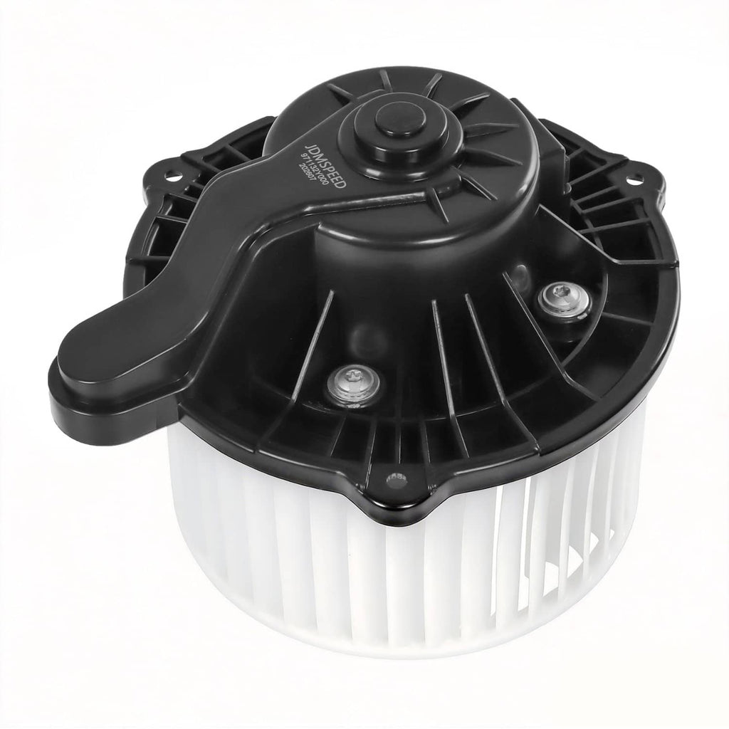 HVAC blower motor with fan cage and black fan wheel, vented circular housing