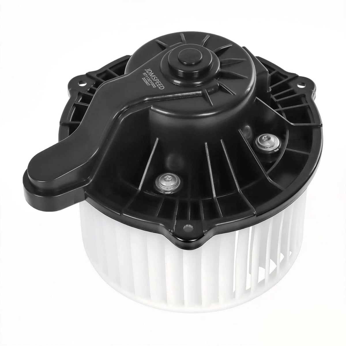 HVAC blower motor with fan cage and black fan wheel, vented circular housing