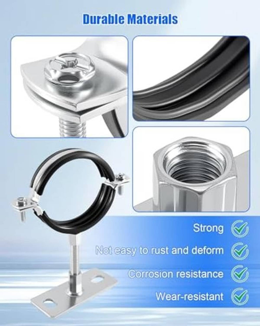 Adjustable split-ring pipe hangers set: black rings, hex bolts, and corrosion-resistant metal