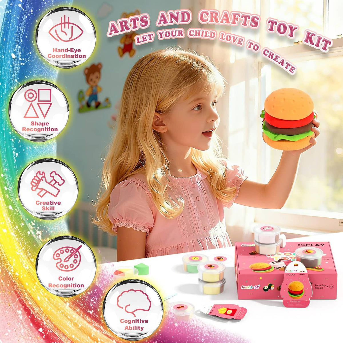 Food-toy air-dry clay set with burger clay shape; kit trays on the table