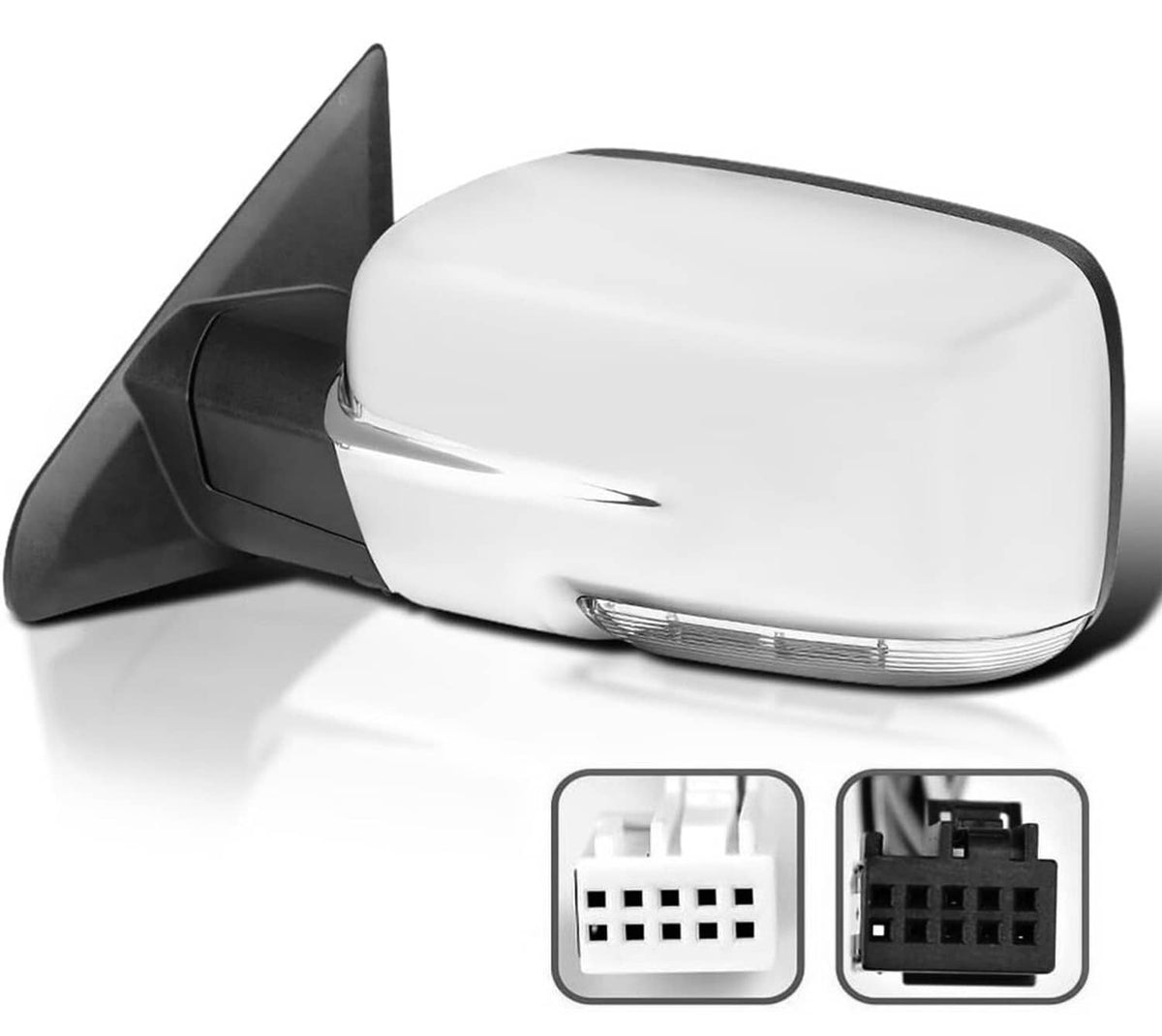 Left side power-folding mirror with chrome cap and integrated turn signal strip
