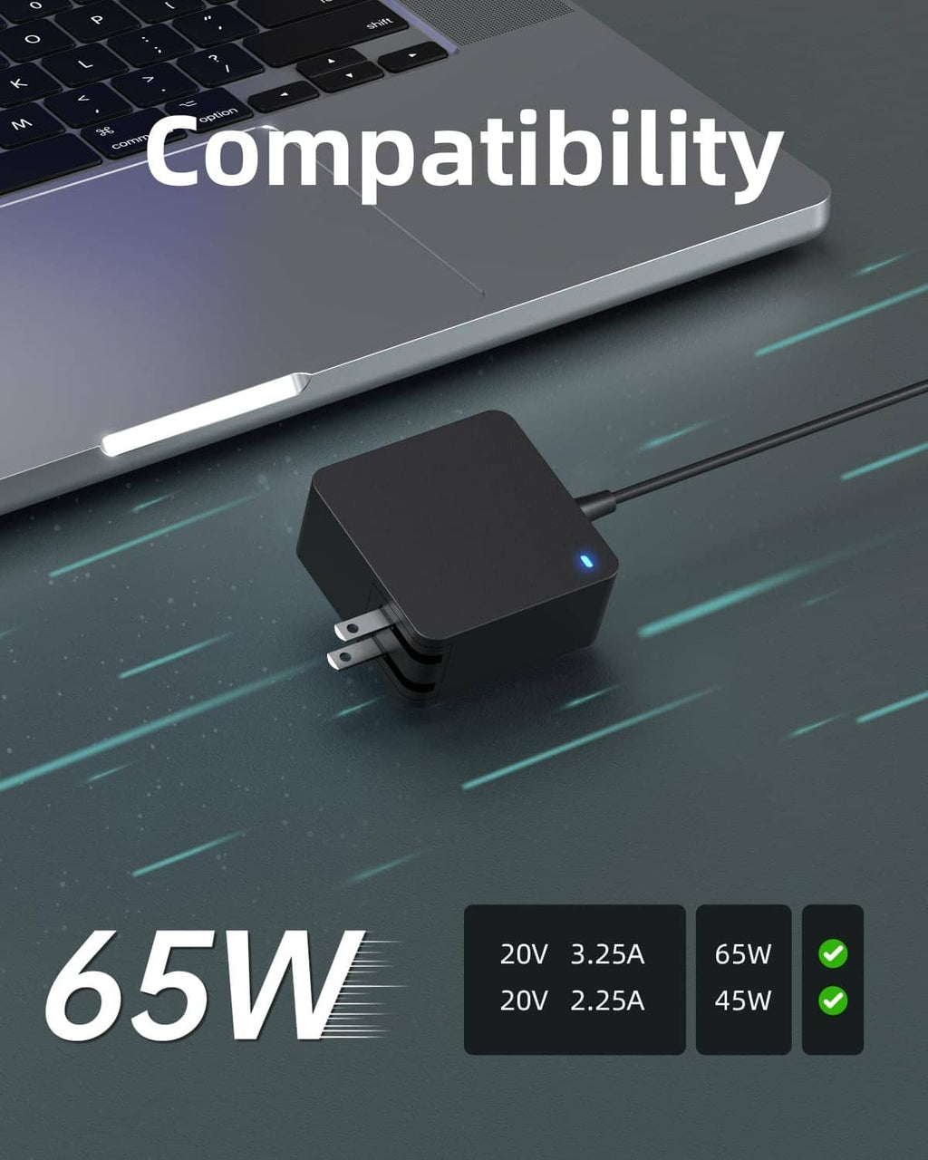 Black laptop charger adapter with blue LED light near a laptop