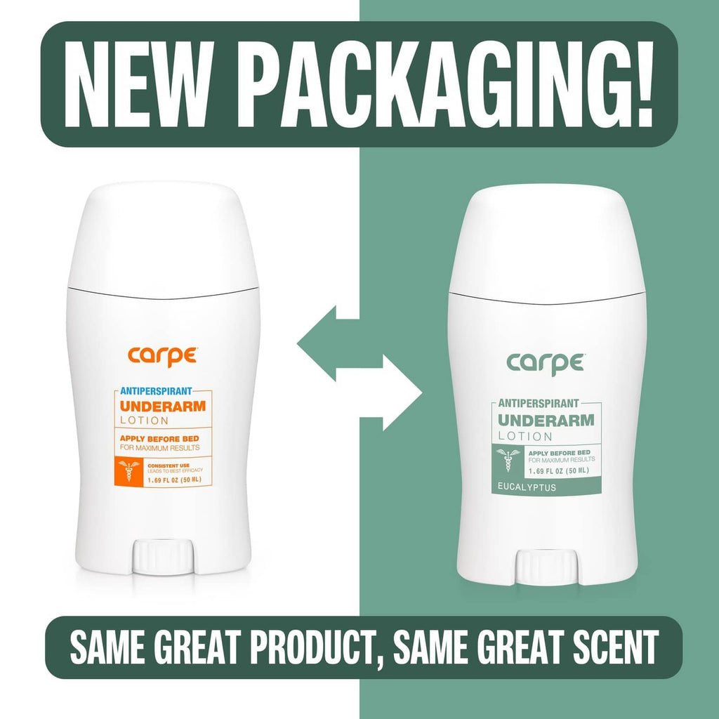 Carpe underarm antiperspirant lotion bottles shown in before-and-after packaging