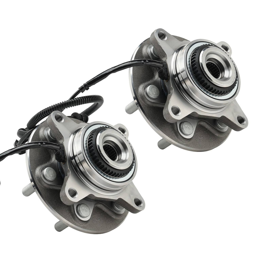Two front wheel bearing hubs with attached black wiring harness and metal sensor connectors