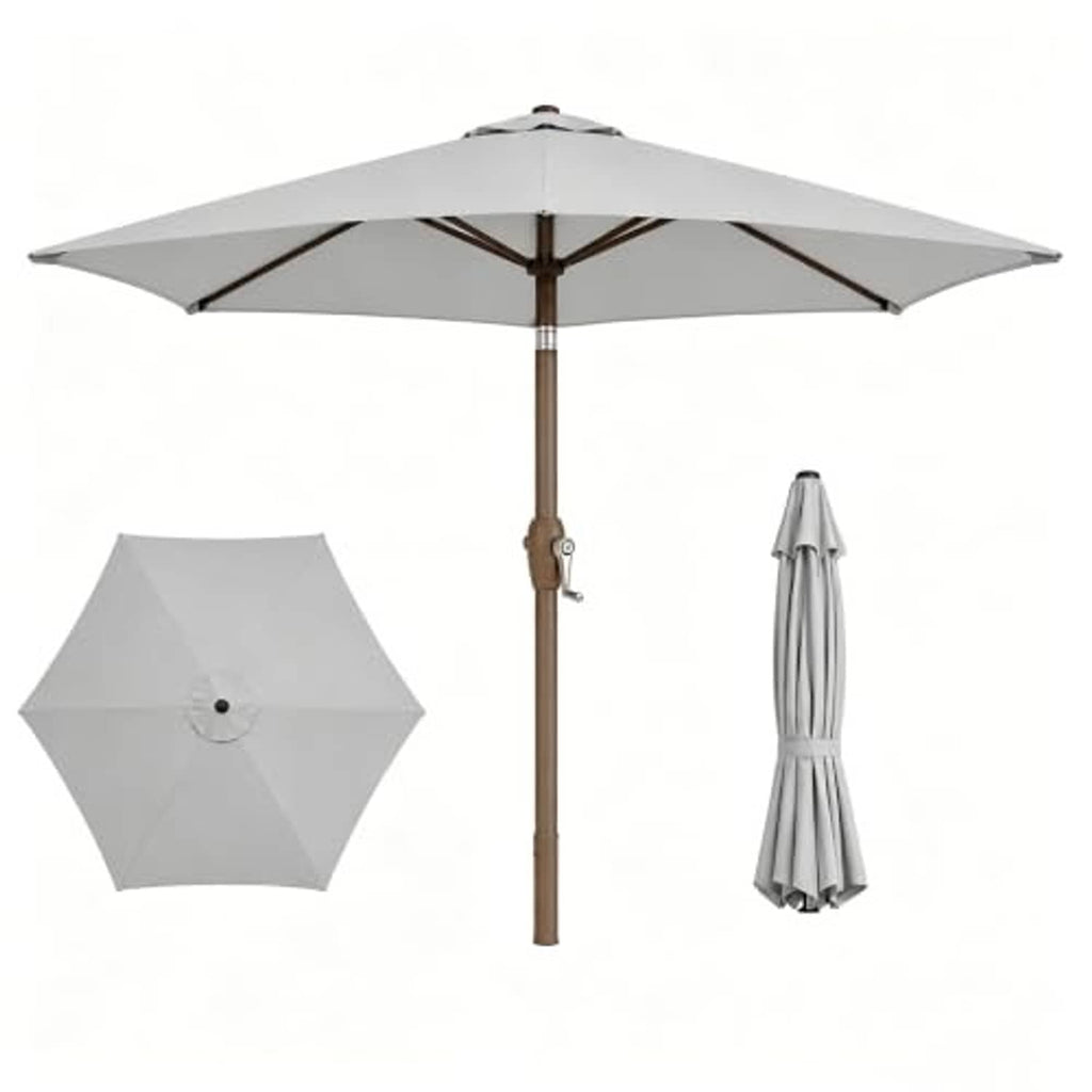 Light gray patio table umbrella canopy with wooden pole and crank handle, plus closed cover