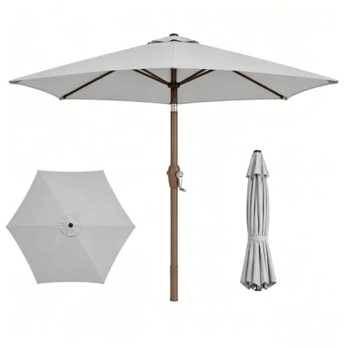 Light gray patio table umbrella canopy with wooden pole and crank handle, plus closed cover