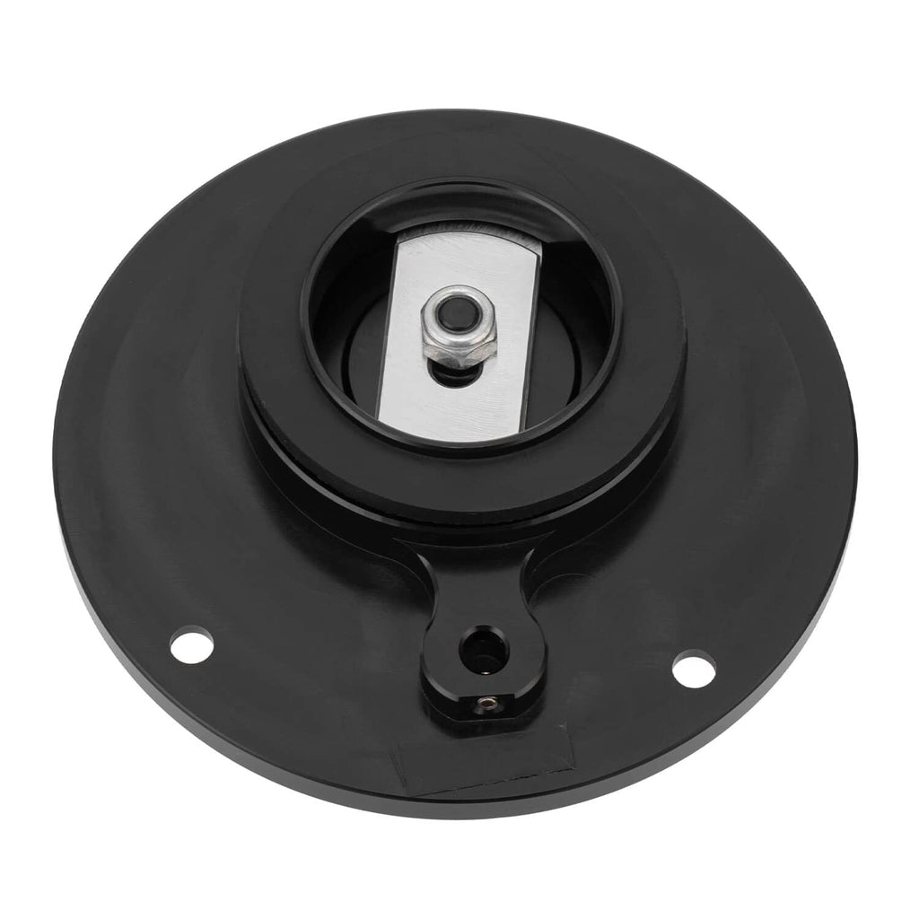 Black fuel tank cap plate with metal threaded insert and center opening