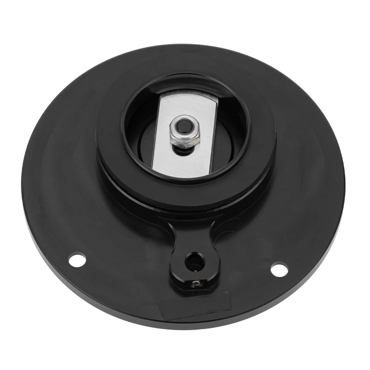 Black fuel tank cap plate with metal threaded insert and center opening