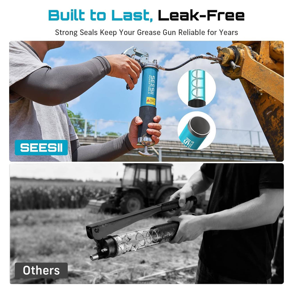 Blue grease gun with secure fit and coupler connection for leak-free refills
