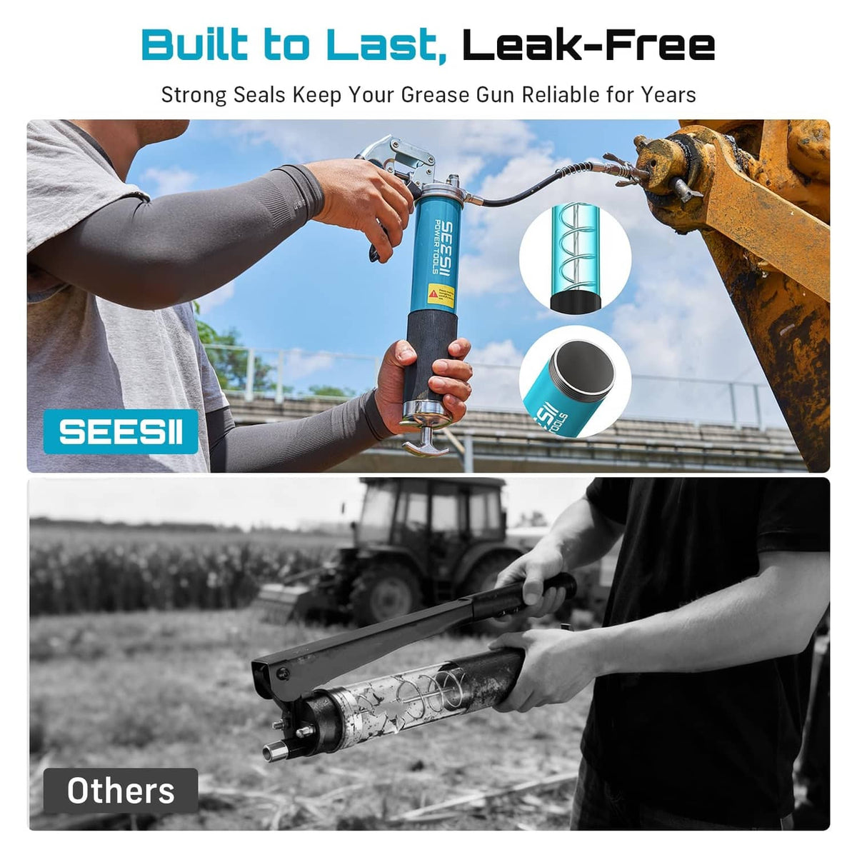 Blue grease gun with secure fit and coupler connection for leak-free refills