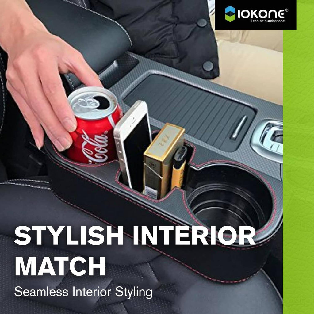 Black car console cup holder organizer with two phone slots and drink well, red stitching