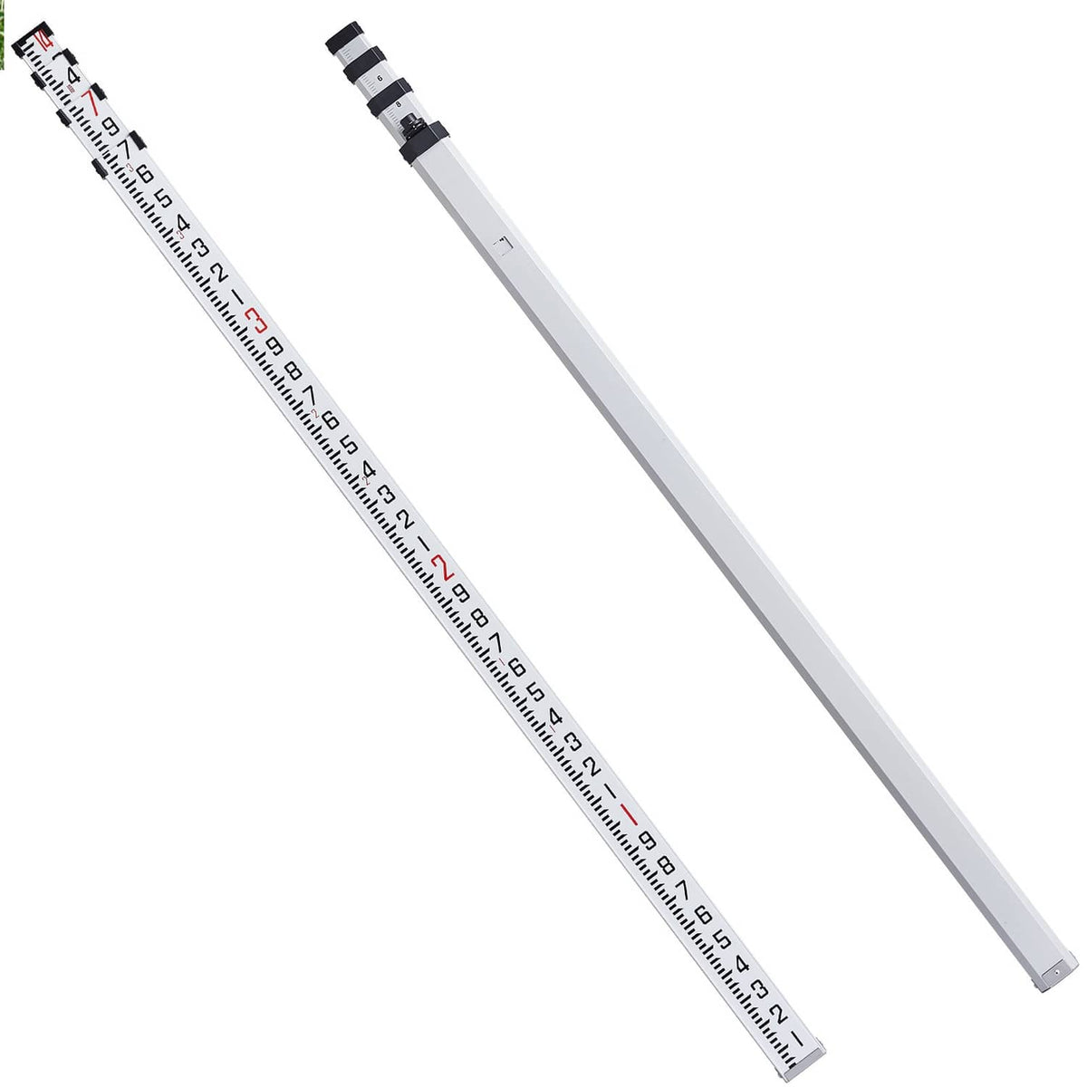 Telescopic measuring rod with 1/10-ft scale, white rod with black end caps, 6 sections